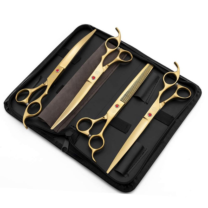 Moontay Professional 8.0" Dog Grooming Scissors Set, 4-pieces Straight, Upward Curved, Downward Curved, Thinning/Blending Shears for Dog, Cat and Pets, JP Stainless Steel, Gold - Image 2